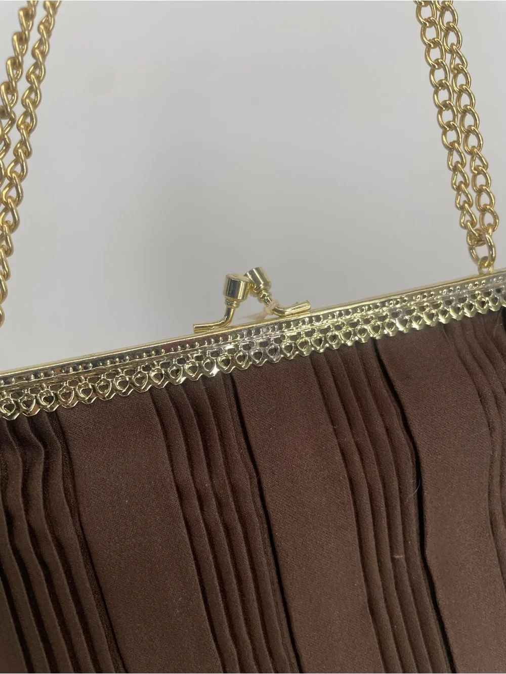 Vintage La Regale Double Chain Handle Brown Pintucked Evening Bag W Coin Purse